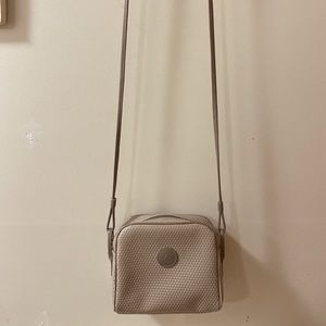 Vintage Liz Claiborne Gray Logo Triangle Crossbody Tan Leather Trim